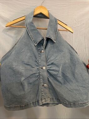 Light Wash Denim Halter Button-Front Top